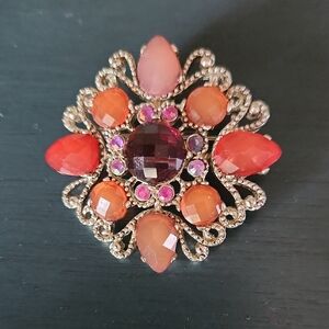 Vintage-Inspired Pink & Orange Floral Crystal Brooch